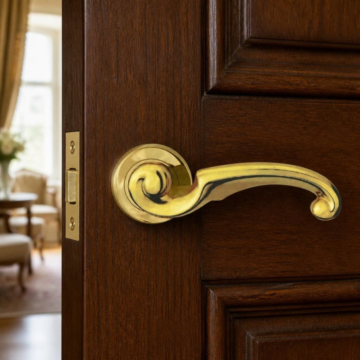Solid brass twirled lever handle on rose