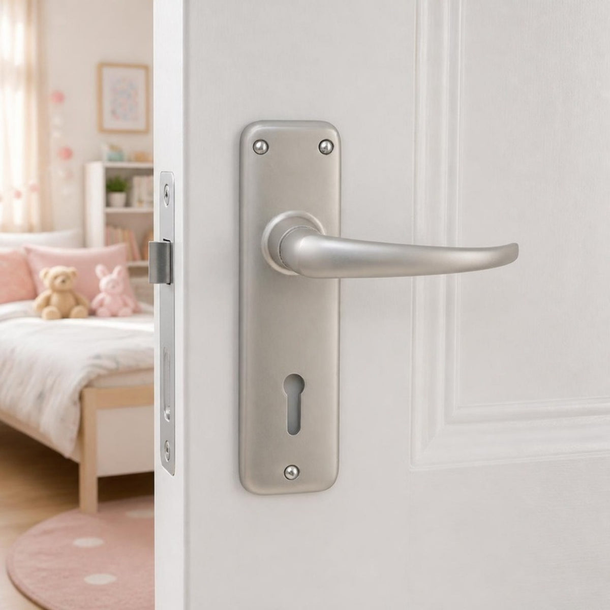 Standard Lever Door Handle on Plate in Satin Chrome