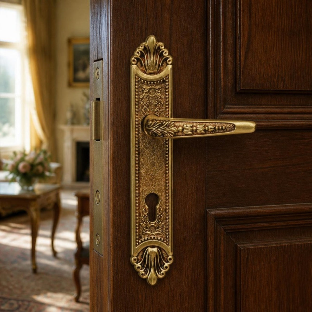 "Floral" Royal Antique Door Handles on Back Plate - 280mm