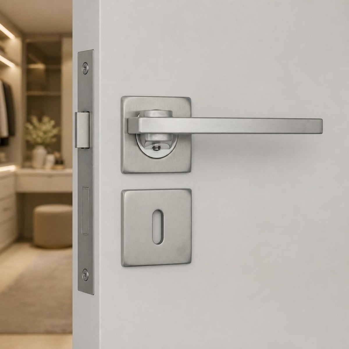 Slim square stainless steel lever handle on rose