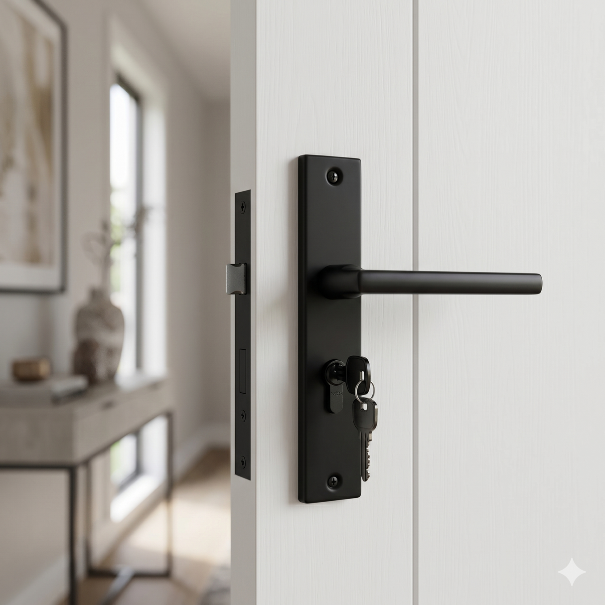 Modern matt black door handle on plate with cylinder keyhole cut out