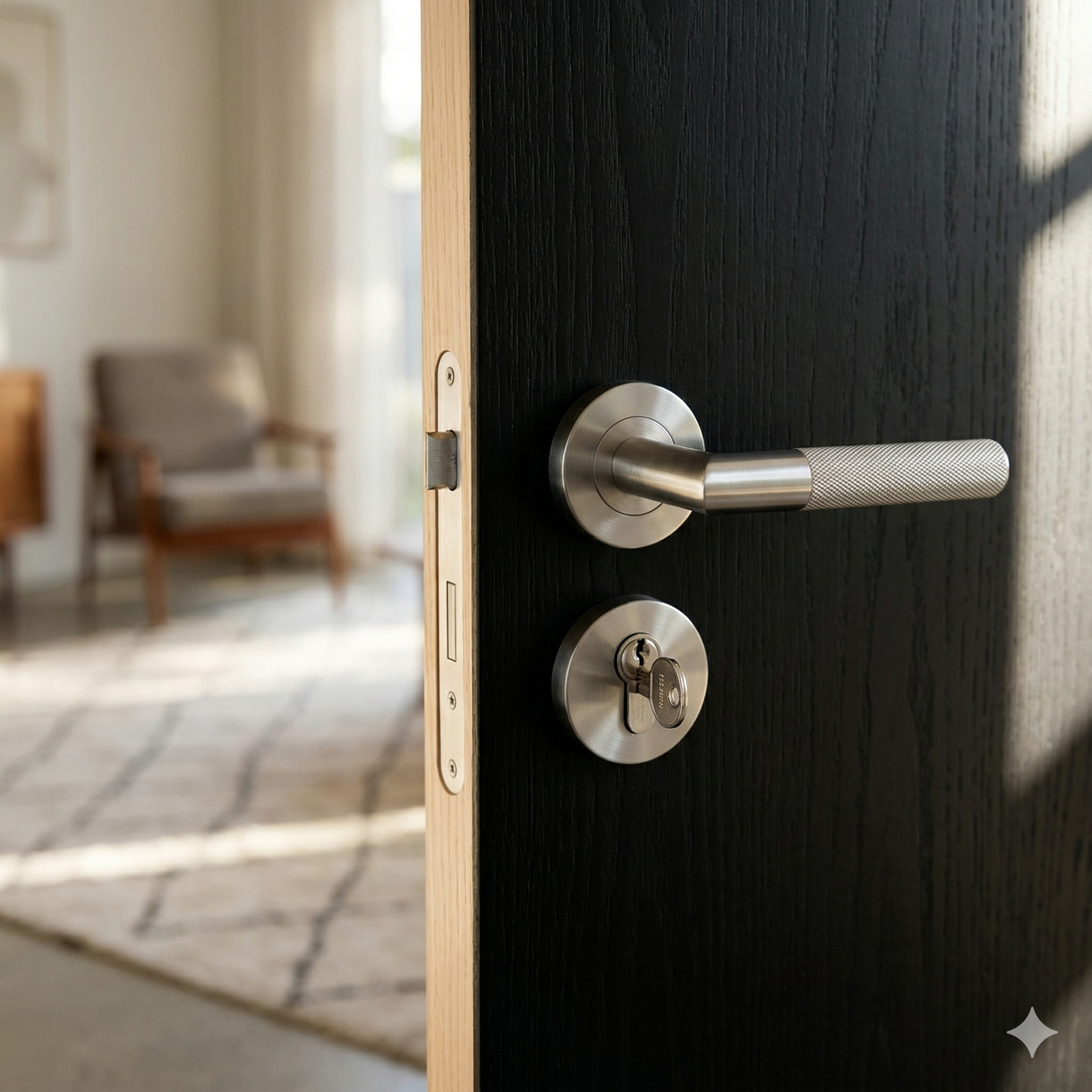 Brushed Stainless Steel Knurled Door Handle on Rose with Cylinder Lock and Cylinder