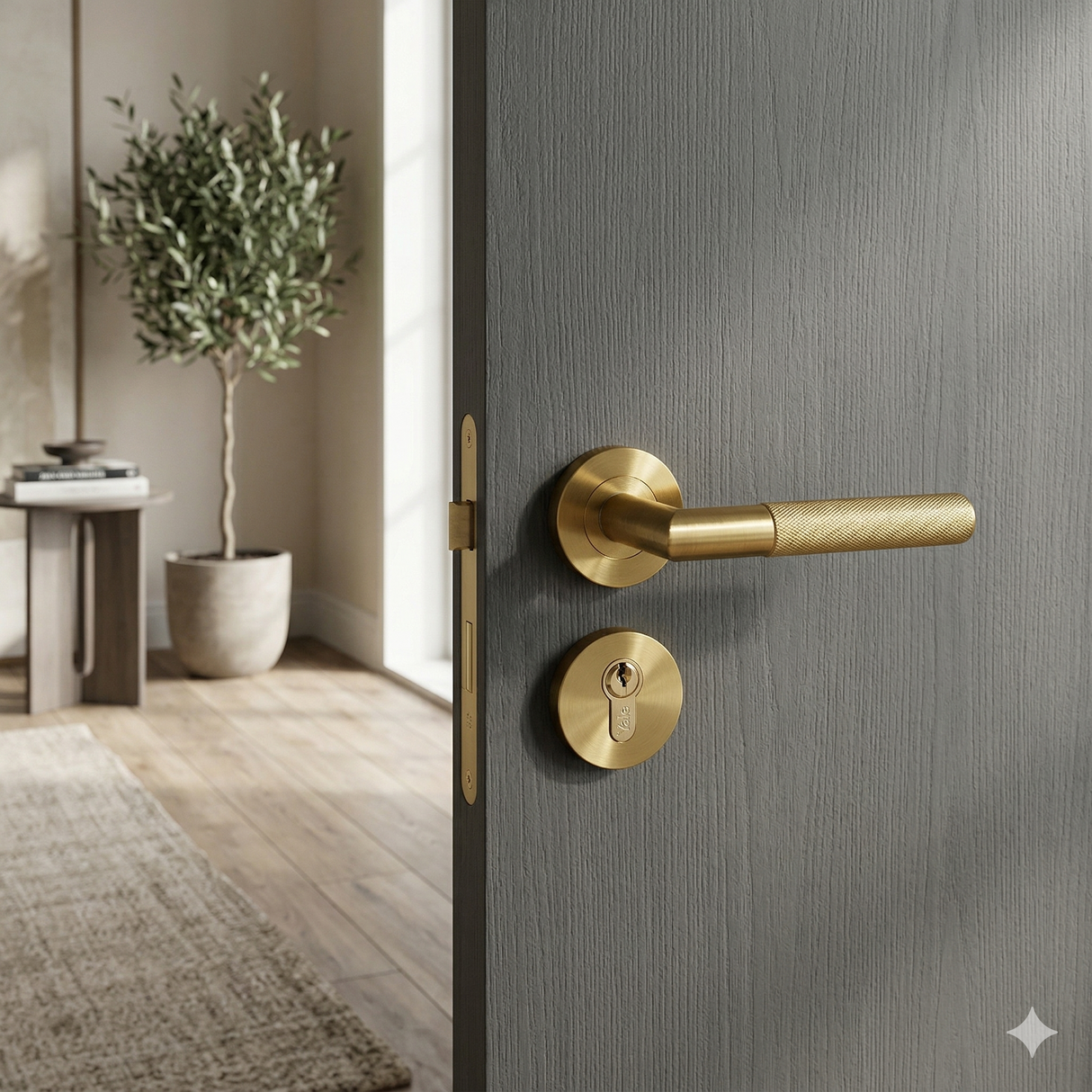 Modern knurled door handle on rose in matt brass
