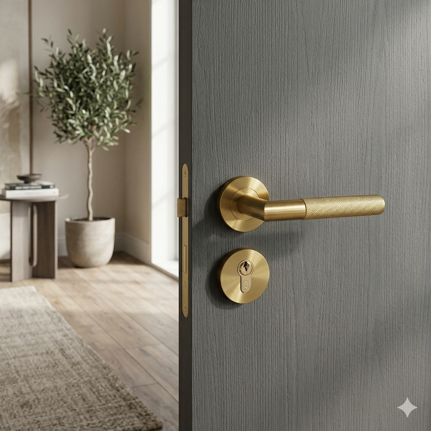 Modern knurled door handle on rose in matt brass