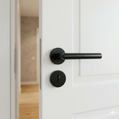 Matt black tubular lever handle on round rose, fitted to a white timber door ajar