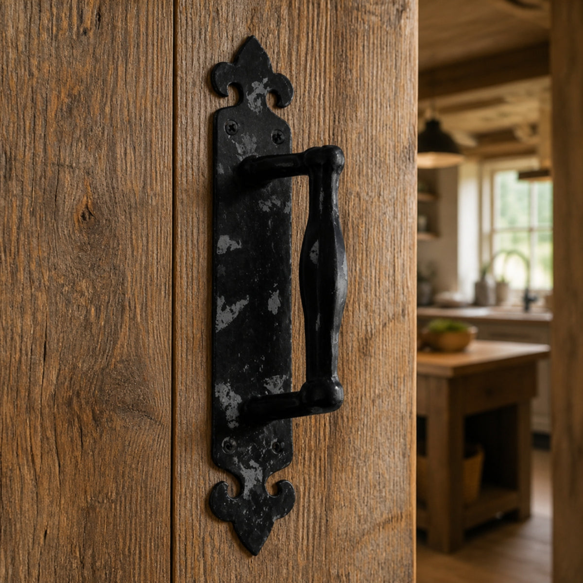 Wrough iron pull handle on back plate