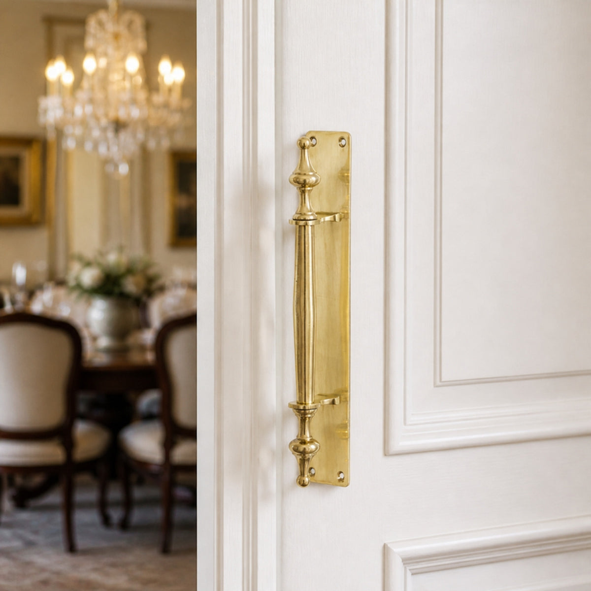 Solid brass pull handle on back plate with finials - 225mm