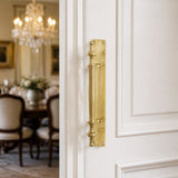 Solid brass pull handle on back plate with finials - 225mm
