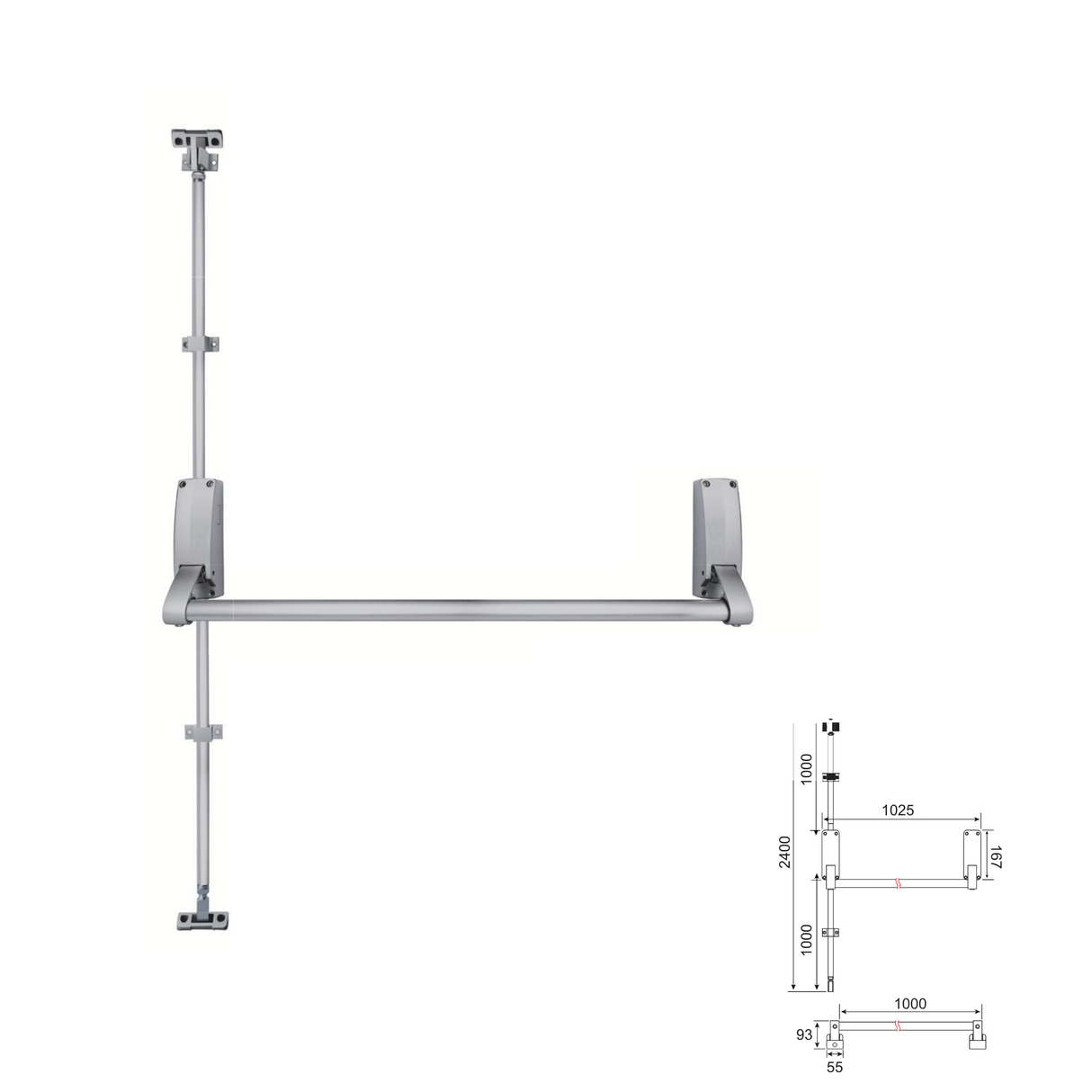 Emergency exit push bar with vertical bolts - single door