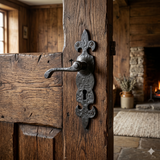 Rustic wrought iron door handle on back plate