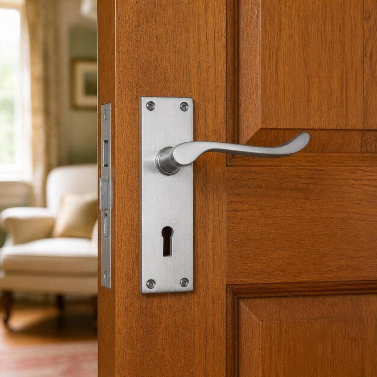 Brushed victorian lever handle on plate