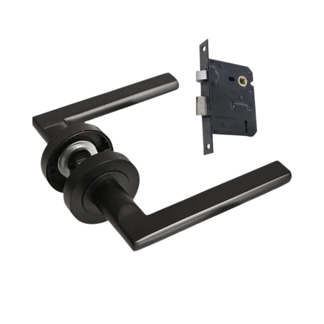 Matt Black Modern Door Handle with Two Lever Mortice Lock - Decor