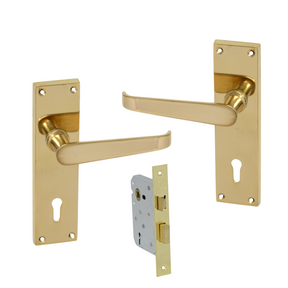 Solid Brass Victorian Style Door Handle on Rectangular Back Plate with Two Lever Lock