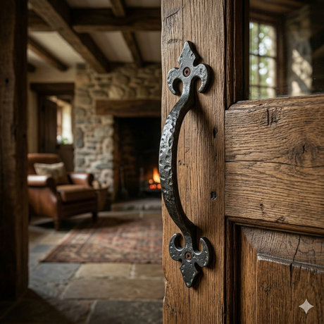 Wrought iron pull handle with Fleur-de-Lis detail on a timber door, ajar