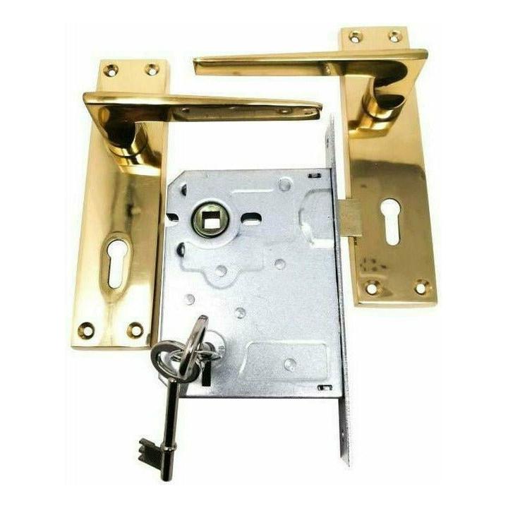 Solid brass handle on plate with lock