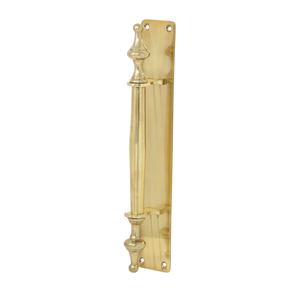 Solid brass pull handle on back plate with finials - 225mm