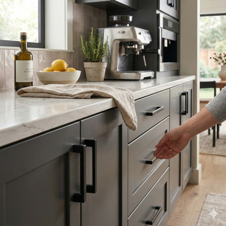 Hand reaching for a matt black slim cupboard handle on a modern kitchen cabinet