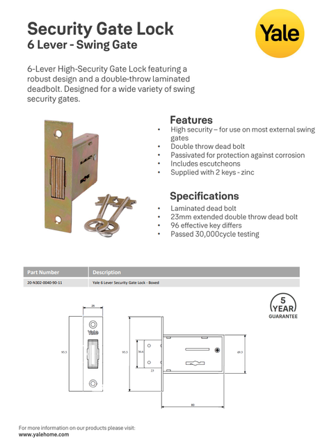 Security Gate Lock - 6 Lever