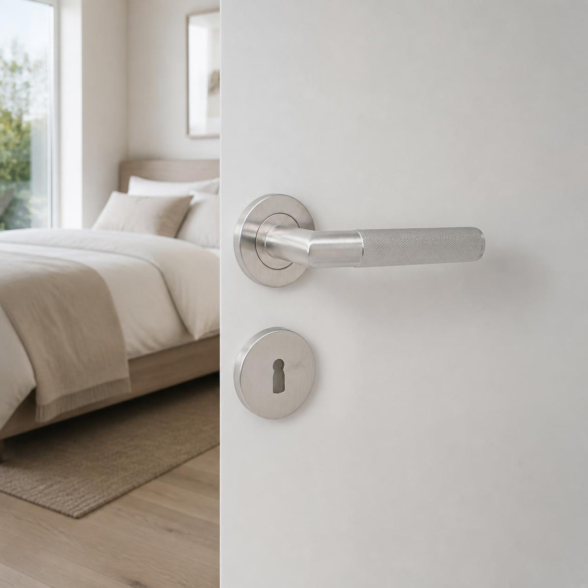 Brushed stainless steel knurled lever handle on rose on a white timber door ajar to a bedroom
