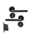 Tubular Door Handle on Rose in Matt Black with Black SABS Approved Two Lever Lock