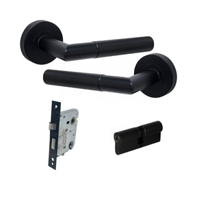 Matt Black Knurled Door Handle Bundle with Cylinder Lock and Cylinder