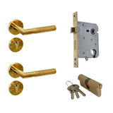 Brushed Brass Knurled Door Handle on Rose with Cylinder Lock and Cylinder door handle on rose