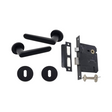 Modern Matt Black Door Handle on Round Rose with Two Lever Mortice Lock