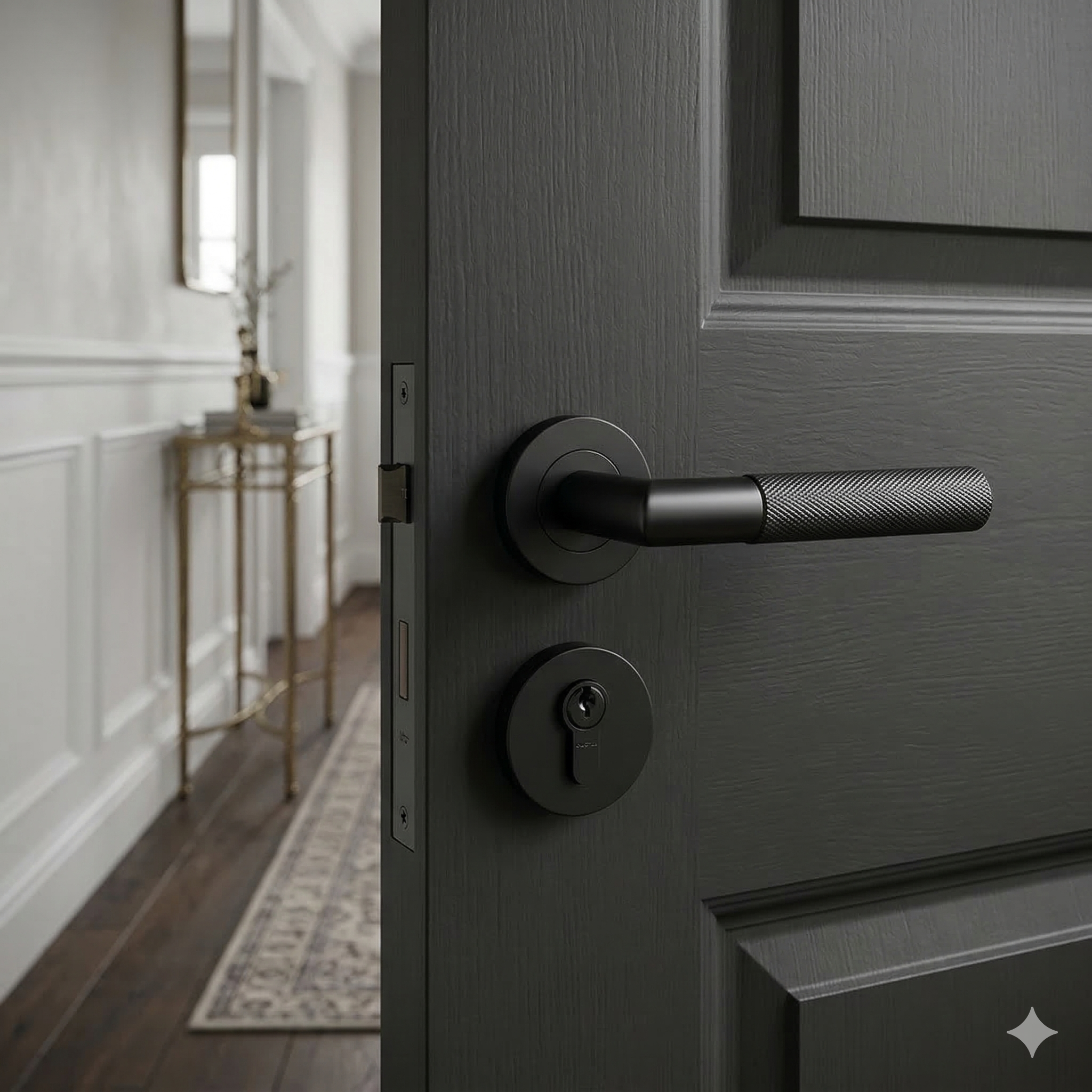 Modern knurled door handle on rose in matt black - Decor Handles
