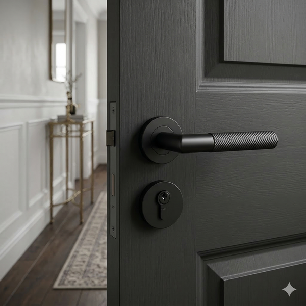 Modern knurled door handle on rose in matt black - Decor Handles