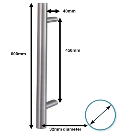 T Shaped 600mm Long Pull Handle - 400mm CTC Brushed stainless steel 30mm diameter