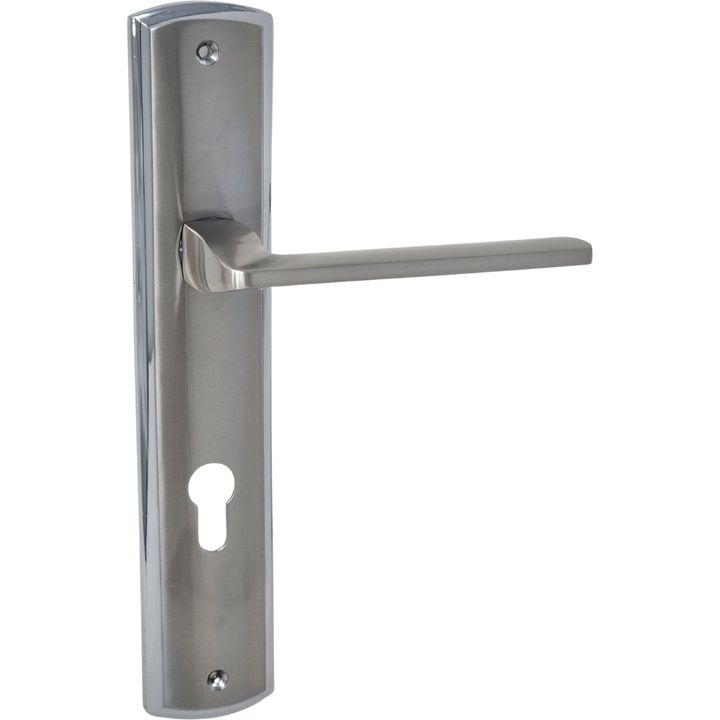Brushed Chrome Lever Handle on Backplate - 85mm - Cylinder cutout