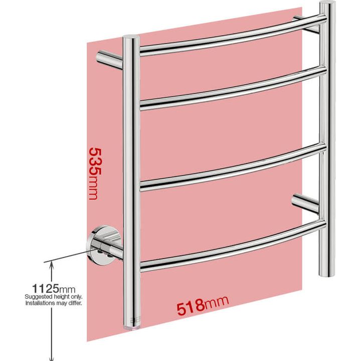 NATURAL 4 Bar 500mm Curved Heated Towel Rail with PTSelect Switch - Decor Handles - Heated Towel Rails