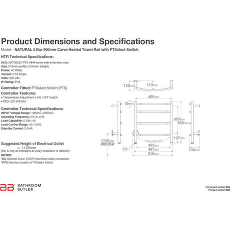 NATURAL 4 Bar 500mm Curved Heated Towel Rail with PTSelect Switch