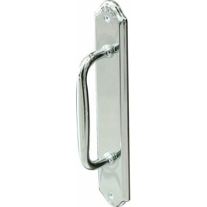 Shiny chrome pull handle on back plate - Decor Handles