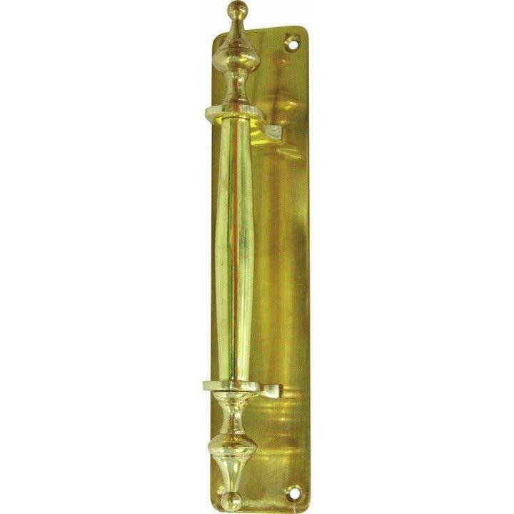 Solid brass pull handle on back plate with finials - 225mm - Decor Handles
